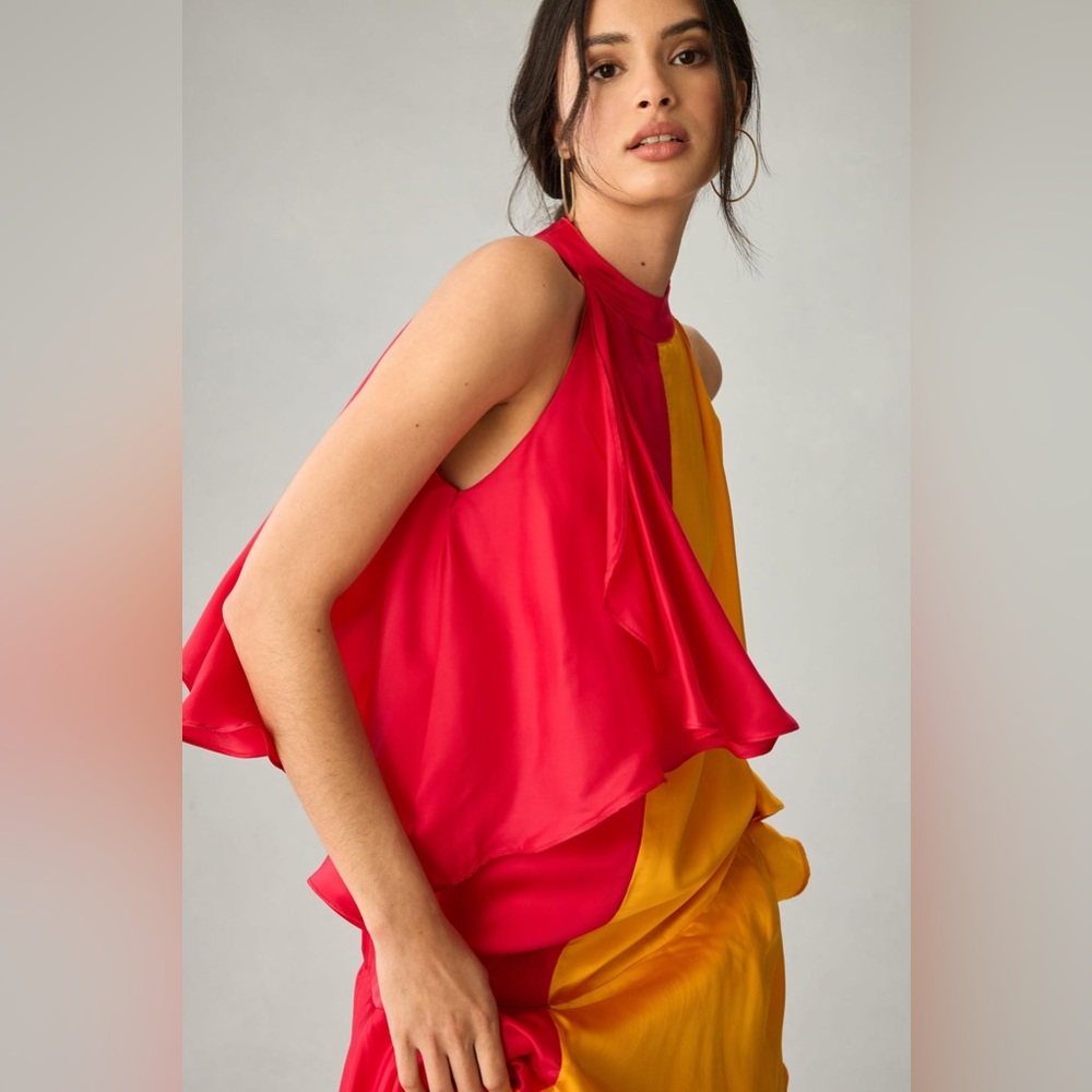 ✨ Anthropologie Mock-Neck Colorblock Ruffle Dress Sz M - Picture 3 of 9